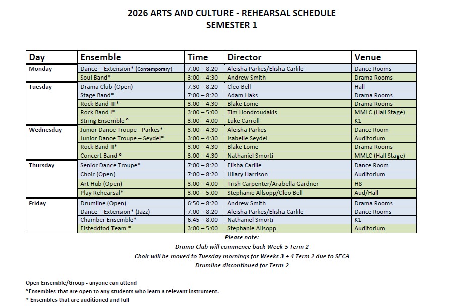 2026 arts and culture rehearsal schedule.