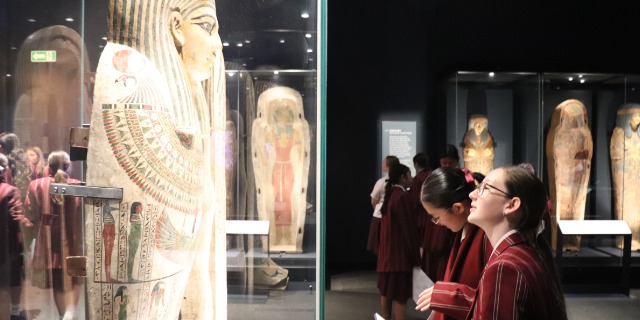 Students at ancient Egypt exhibition.